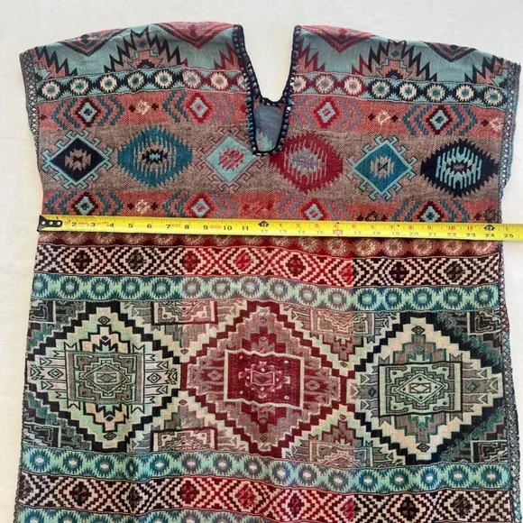 Boho Aztec Geometric Tribal Print Fringed Kaftan Poncho Tunic Top Size M/L‎ - Picture 5 of 8